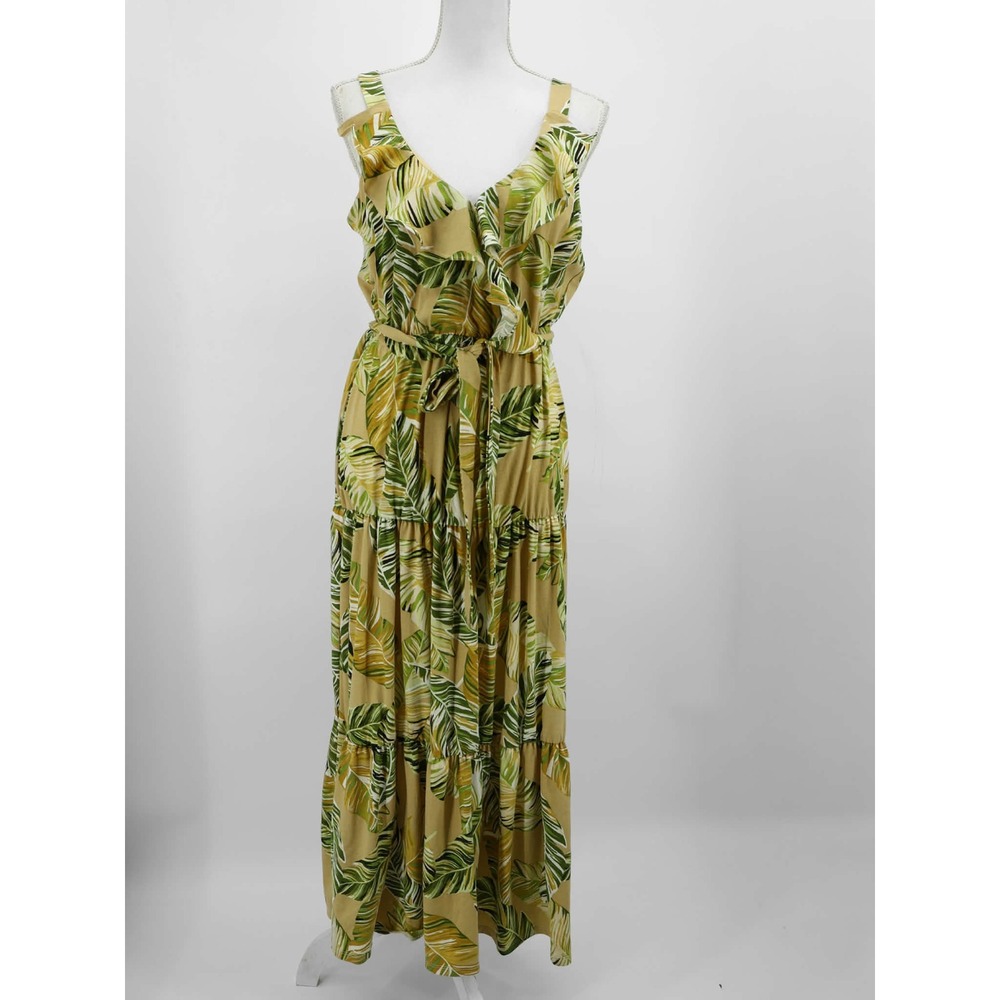 SOHO Apparel Tropical Leaf Print Ruffle Tiered Maxi Dress Lined Boho Resort M